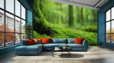 Green moss on natural trees Green forest blurred background Wall mural