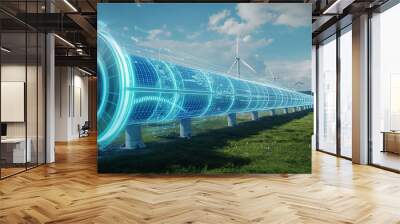 industrial gas pipeline Windmill background on green space Energy production, virtual hologram information technology Wall mural