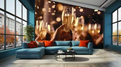 People clink champagne glasses at a party Celebrate a happy Christmas or New Year's party. Wall mural