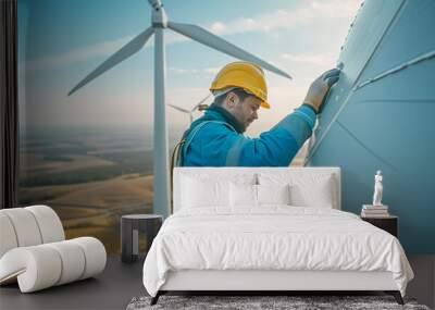 Technician for maintenance of wind turbines for electricity generation Wall mural