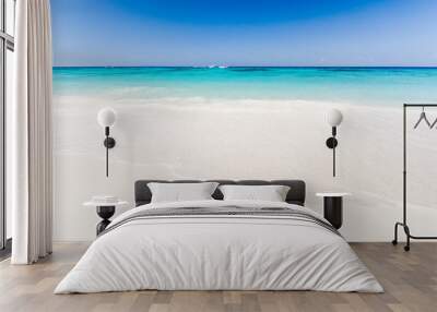 Beautiful tropical beach, white sand and blue sky background with travel yacht boat Wall mural