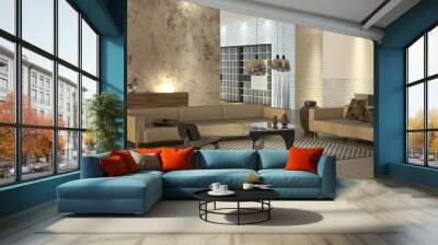 Modern living room with light leather sofas and design furniture Wall mural