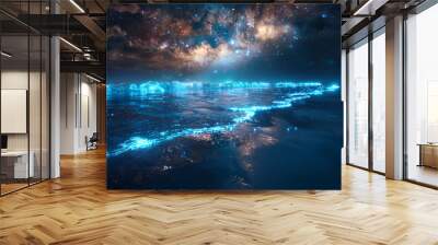 light blue beach covered with colored glowing glass, fluorescent ocean, moonlight,sparkling stars, 3d, ultrawide angle view,aerial view, ling stars moonlight on the ocean Wall mural