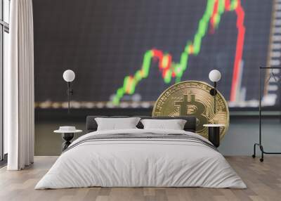 Golden bitcoin and stock chart on tablets. Bokeh concept. Wall mural