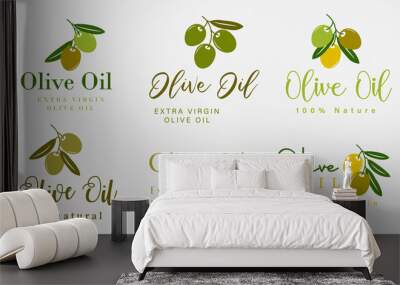 Vector illustrations for olive oil sign, badge, stickers, labels, packaging design, organic and natural products. Wall mural