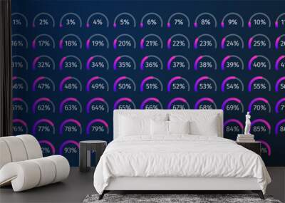 Set of circle percentage diagrams from 0 to 100 for infographics with blue and purple colors on dark background. Vector illustration. Wall mural