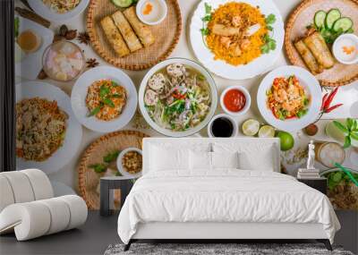 Assorted asian dinner, vietnamese food. Pho ga, pho bo, noodles, spring rolls Wall mural