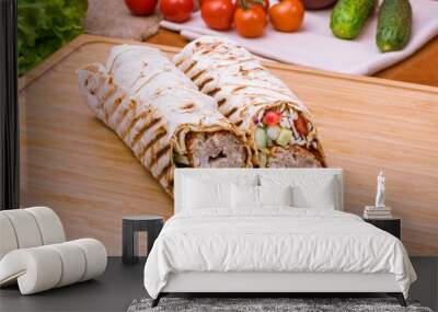 roll with beef lula kebab with vegetables on the Board Wall mural