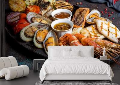 Seafood grilled on plate Wall mural