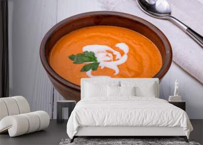 Soup cream of tomato on bowl on white wooden table Wall mural