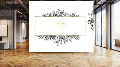 Set of floral watercolor religious wreaths and frames with flowers and leaves, gold crosses. Easter holiday backgrounds with cream, for baptism, first communion, bible phrases, black and white 
 Wall mural