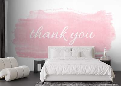 thank you lettering, thank you card, ready to print, vector hand drawn lettering, banner, borderline, white lettering on with floral wreath isolated on transparent background, pink splash Wall mural