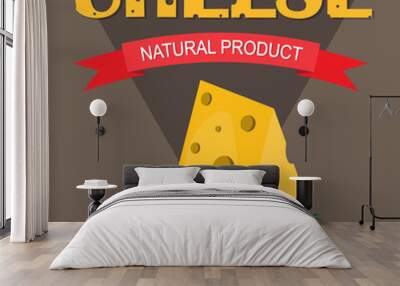 Triangular piece of cheese, cheese icon 3d, cheese realistic food, Vector illustration Wall mural