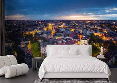 Lublin, Poland. Aerial view of Old Town at dusk with historic Dominican Abbey on foreground Wall mural