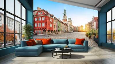 Stary Rynek square with small colorful houses and old Town Hall in Poznan, Poland Wall mural