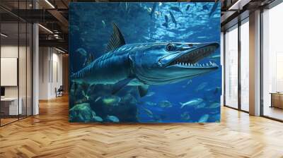 A barracuda with sharp teeth swims through a school of fish in an aquarium. Wall mural