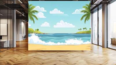 A beautiful tropical beach scene with two palm trees, blue sky, white clouds, and a calm ocean with waves crashing on the shore. Wall mural