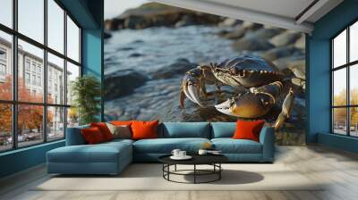 A close-up of a crab on a rocky shore with the ocean in the background. Wall mural