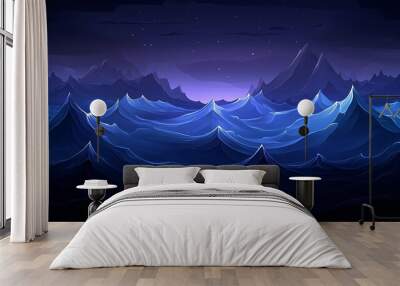 A dark blue, abstract landscape of waves and mountains, with a starry sky above. Wall mural