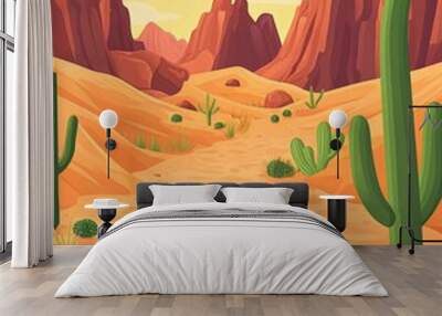 A desert landscape with tall red rock formations, sand dunes, and cacti. Wall mural