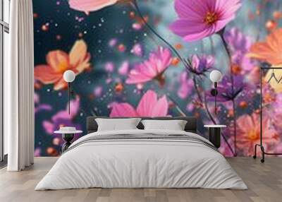 A field of pink and orange cosmos flowers with a blue sky and bokeh. Wall mural