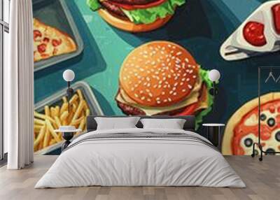 A flat lay composition featuring three cheeseburgers, two pizzas, and two orders of french fries on a teal background. Wall mural