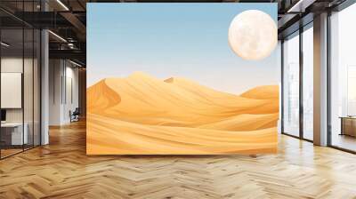 A full moon hangs over a vast desert landscape. The sand dunes ripple in the distance under a clear blue sky. Wall mural