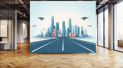 A futuristic cityscape with four flying drones over a highway leading to the city. Wall mural