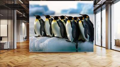 A group of king penguins perched on a small iceberg, with more icebergs in the background. Wall mural