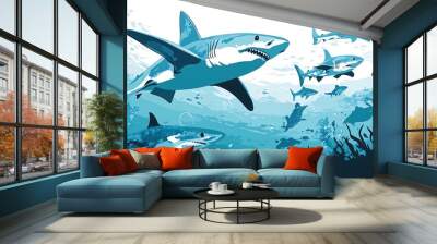 A group of sharks swimming in the ocean, with one large shark in the foreground. The sharks are all in a blue color and are surrounded by water. Wall mural