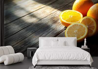 A group of whole and halved oranges arranged on a wooden table with a shaft of light illuminating them. Wall mural