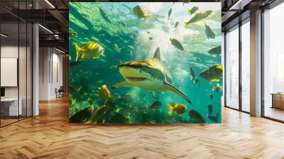 A large shark swims through a school of fish in the clear blue water. Wall mural