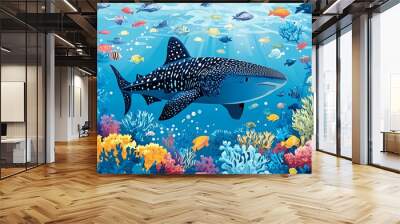 A large whale shark swims through a vibrant coral reef, surrounded by colorful fish and marine life. Wall mural