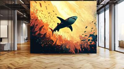 A lone shark swims through a vibrant coral reef, with a sunbeam illuminating the water above. Wall mural