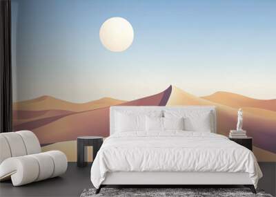 A minimal illustration of a desert landscape with rolling sand dunes under a clear blue sky and a white sun. Wall mural