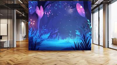 A mystical and enchanting forest at night with glowing flowers and leaves, casting a magical aura. Wall mural