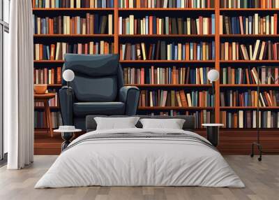 A plush armchair sits in front of a wall of bookshelves filled with books. Wall mural