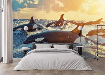 A pod of orcas swim through the ocean at sunset, creating a splash of water. Wall mural