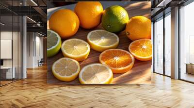 A row of whole oranges, limes, and lemons with sliced versions of each on a wooden board. Wall mural