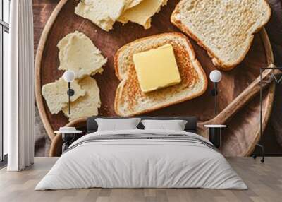 A rustic wooden plate with buttered toast, sliced butter and a bowl of red jam. Wall mural