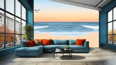 A scenic beach landscape with calm blue ocean water, gentle waves, and sand under a clear blue sky with three seagulls flying. Wall mural