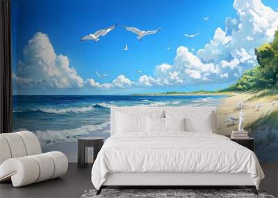 A scenic beach with white sand, blue water, and a bright blue sky with fluffy white clouds. Seagulls fly overhead and walk on the shore. Wall mural