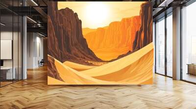 A scenic desert landscape with a setting sun over a canyon. The sand dunes create a beautiful contrast against the orange-hued cliffs. Wall mural