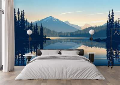 A scenic landscape with a calm lake, lush forest and majestic mountain range in the background. The reflection of the mountains and forest can be seen in the water. Wall mural