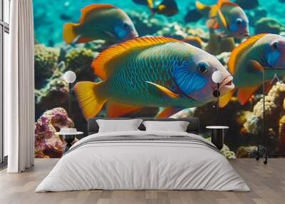 A school of colorful fish swimming in a coral reef. Wall mural