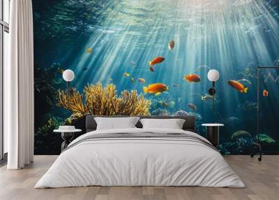 A school of orange fish swim through a vibrant coral reef, illuminated by a shaft of sunlight. Wall mural