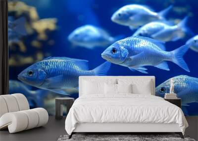 A school of silvery blue fish swim in a deep blue water tank. Wall mural