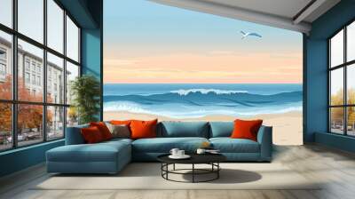 A serene seascape with gentle waves lapping on a sandy beach under a pastel sunrise sky, with two seagulls in flight. Wall mural