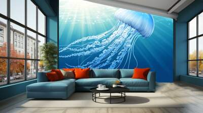 A single blue jellyfish swims through clear blue water with sun rays. Wall mural