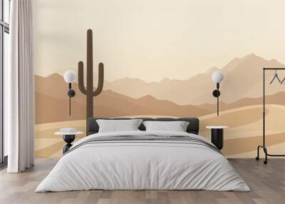 A single cactus stands tall in a desert landscape with mountains in the background. Wall mural